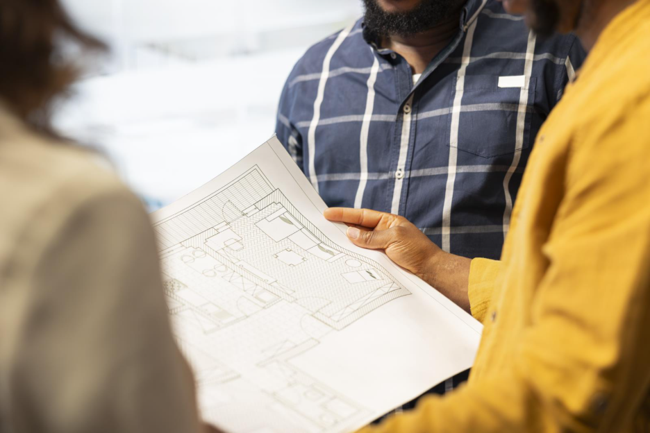 3 people reviewing blueprints 